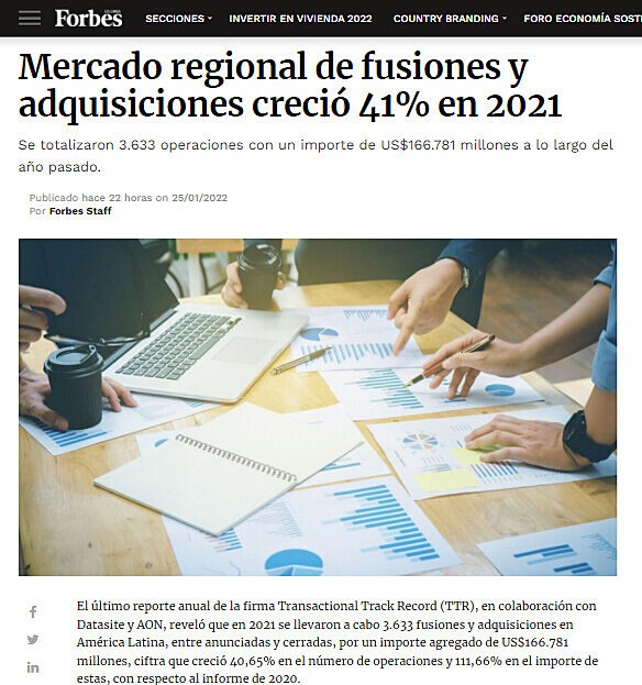 Mercado regional de fusiones y adquisiciones creci 41% en 2021